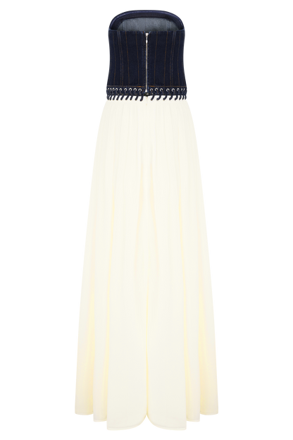Robe maxi en jean et mousseline de soie Suella - Bleu indigo