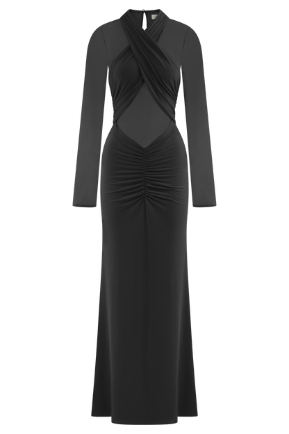 Robe Maxi à Manches Longues en Mousseline et Maille Tania - Noir