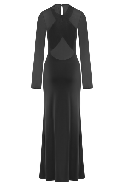 Robe Maxi à Manches Longues en Mousseline et Maille Tania - Noir