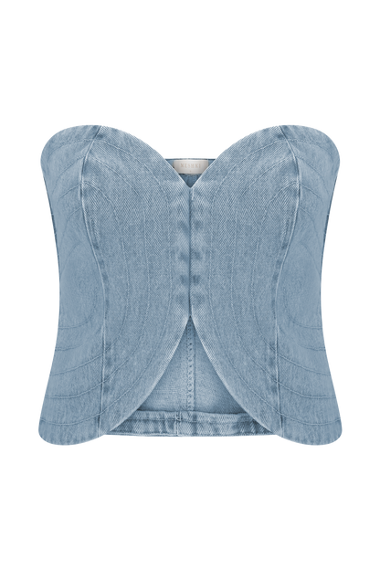 Top en jean sans bretelles à surpiqûres Tully - Bleu des années 80