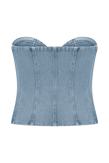Top en jean sans bretelles à surpiqûres Tully - Bleu des années 80