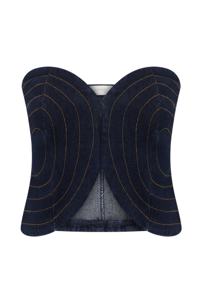 Top en jean sans bretelles à surpiqûres Tully - Bleu indigo