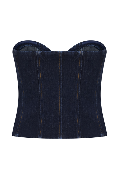 Top en jean sans bretelles à surpiqûres Tully - Bleu indigo