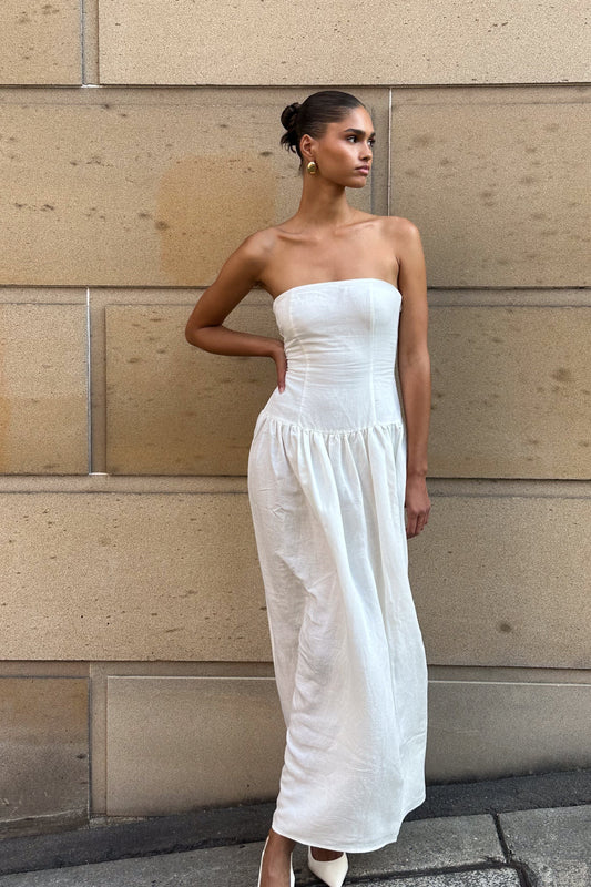 Audrina Robe Maxi en Lin Sans Bretelles - Blanc