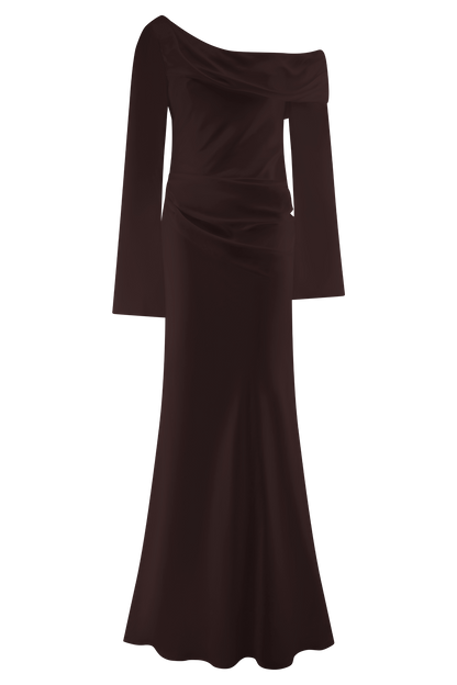 Iris Robe Maxi Satin à Manches Longues - Chocolat Noir