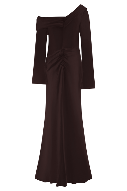 Iris Robe Maxi Satin à Manches Longues - Chocolat Noir