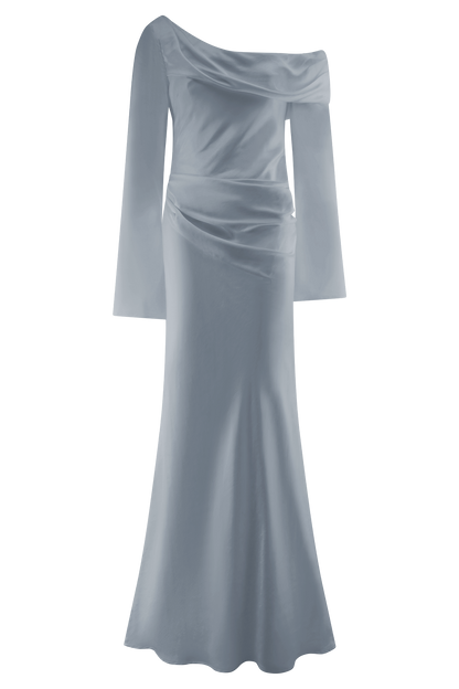 Iris Robe Maxi Satin à Manches Longues - Bleu Glacé