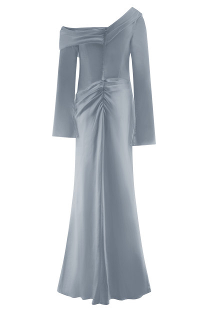 Iris Robe Maxi Satin à Manches Longues - Bleu Glacé
