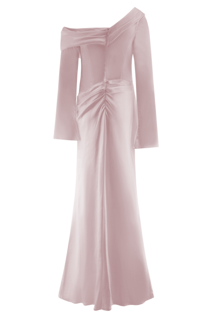 Iris Robe Maxi Satin à Manches Longues - Rose Poudré
