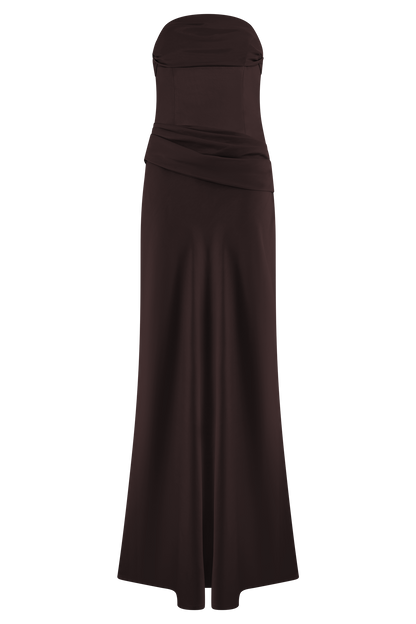 Jasmine Robe Maxi en Satin Sans Bretelles - Chocolat Noir