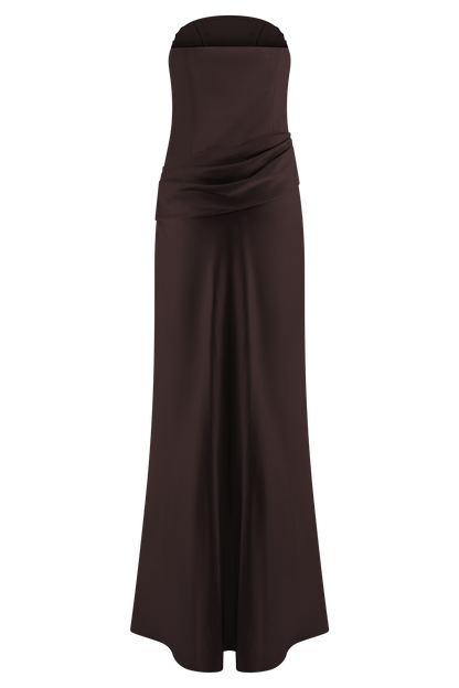 Jasmine Robe Maxi en Satin Sans Bretelles - Chocolat Noir