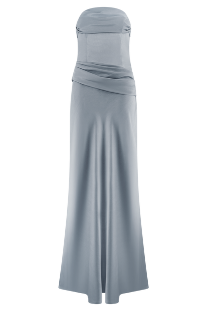 Jasmine Robe Maxi Satin Sans Bretelles - Bleu Glacé