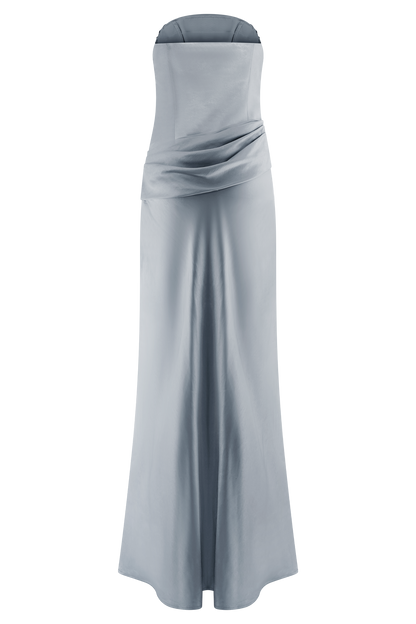 Jasmine Robe Maxi Satin Sans Bretelles - Bleu Glacé