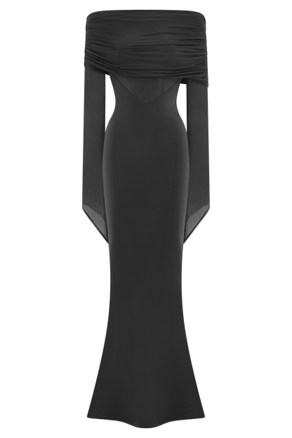 Robe Maxi Épaule Découverte en Mousseline et Maille - Noir