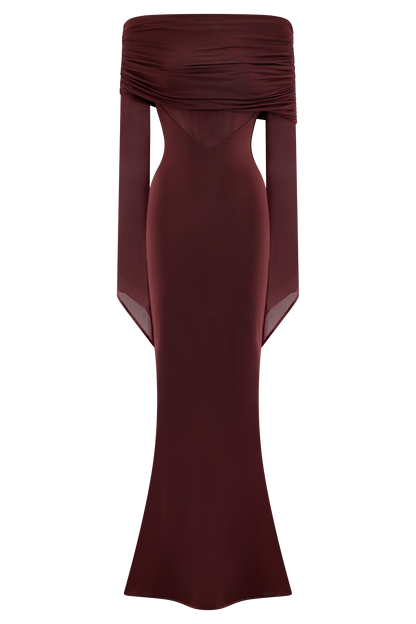 Robe Maxi Épaule Découverte en Mousseline et Maille - Kaitlin - Bourgogne
