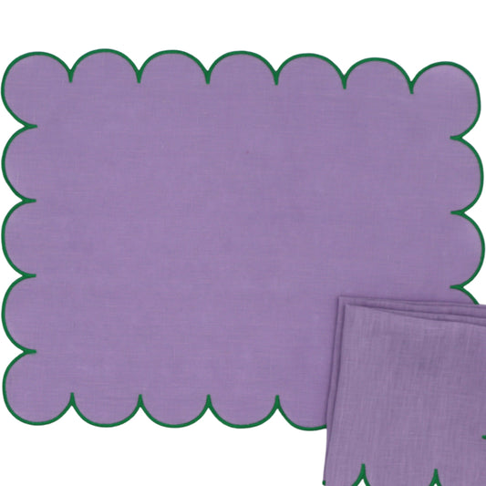 Serviettes en lin ornées lilas avec bordure verte (lot de 4)