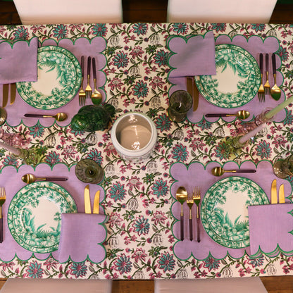Serviettes en lin ornées lilas avec bordure verte (lot de 4)