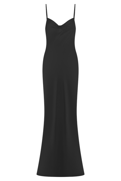 Robe longue satinée à col en cœur Lilly - Noir