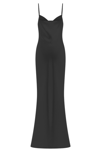Robe longue satinée à col en cœur Lilly - Noir