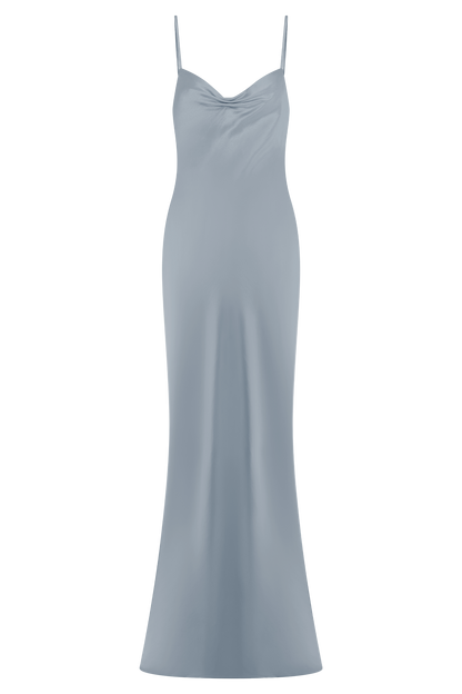 Lilly Robe Maxi en Satin à Col en Forme de Coeur - Bleu Glacé