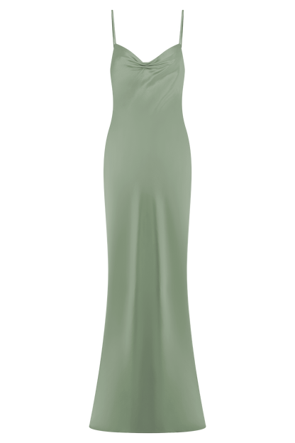 Robe longue satinée à col en cœur Lilly - SAGE