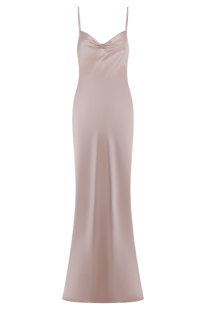 Lilly Robe Maxi Satin à Manches Bouffantes - Rose Poudré