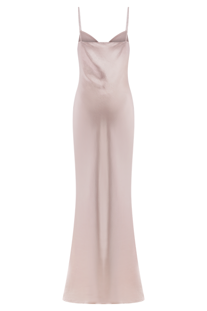 Lilly Robe Maxi Satin à Manches Bouffantes - Rose Poudré