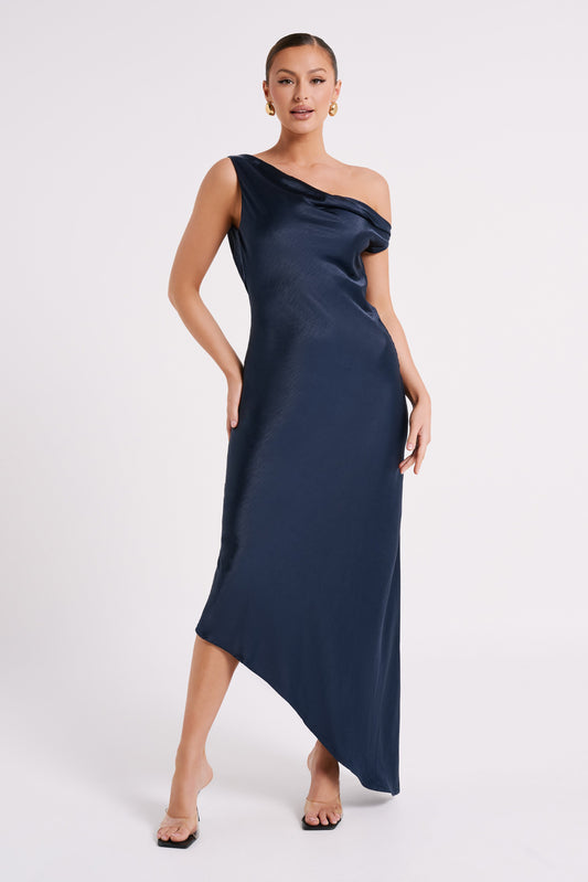 Robe Maxi Yvette à Bretelles avec Emmanchure Asymétrique - Bleu Marine