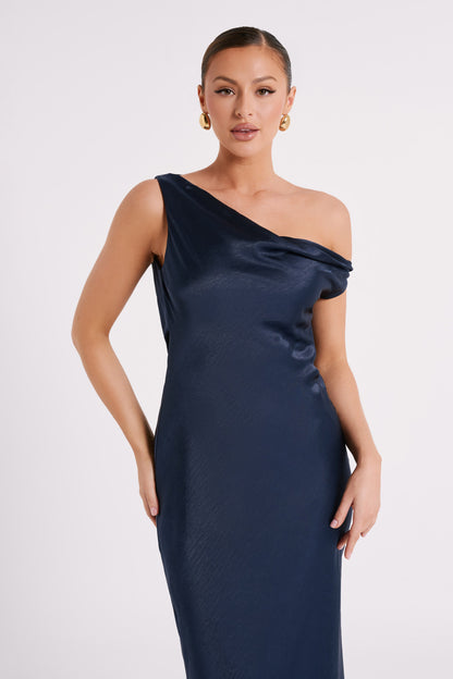 Robe Maxi Yvette à Bretelles avec Emmanchure Asymétrique - Bleu Marine