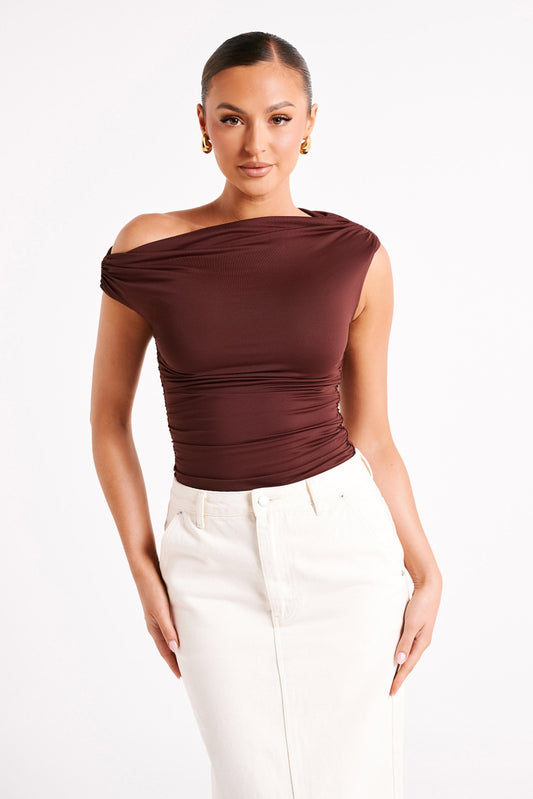Top Alayna en nylon recyclé à volants - Chocolat