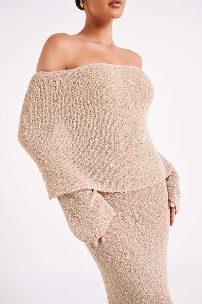 Marisol Robe Maxi Boucle à Manches Décolletées - Blé