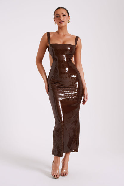 Adoria Robe Maxi Découpe à Paillettes - Chocolat