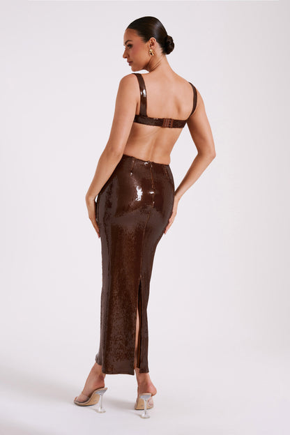 Adoria Robe Maxi Découpe à Paillettes - Chocolat