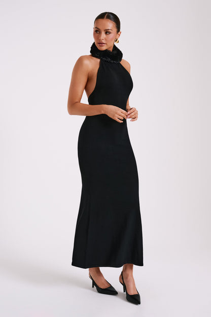 Elva Robe Maxi Tricotée à Manches Croisées avec Fausse Fourrure - Noir