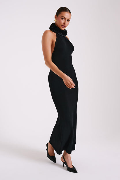 Elva Robe Maxi Tricotée à Manches Croisées avec Fausse Fourrure - Noir