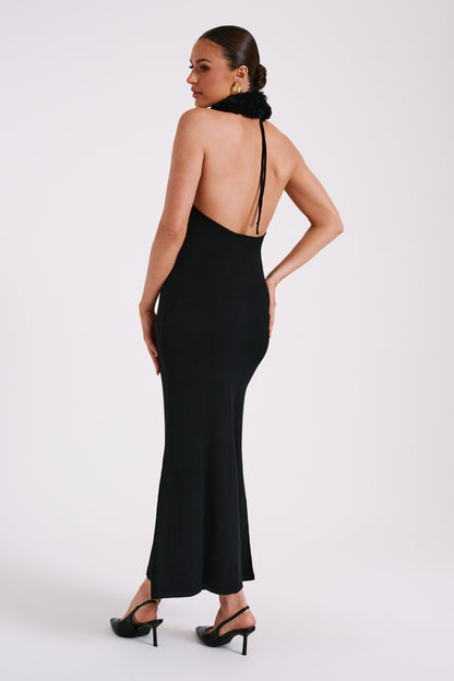 Elva Robe Maxi Tricotée à Manches Croisées avec Fausse Fourrure - Noir