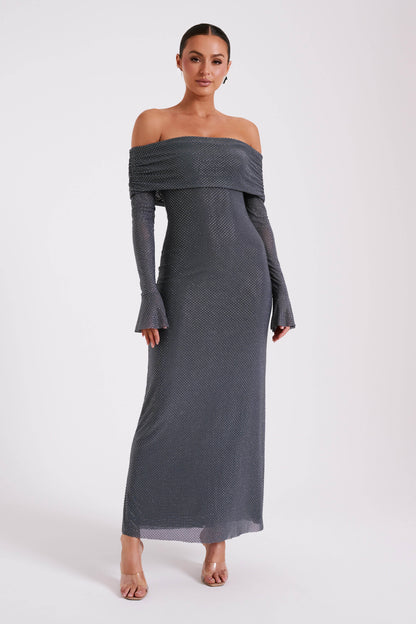 Robe Maxi Marcel à épaules dénudées et strass - Gris anthracite