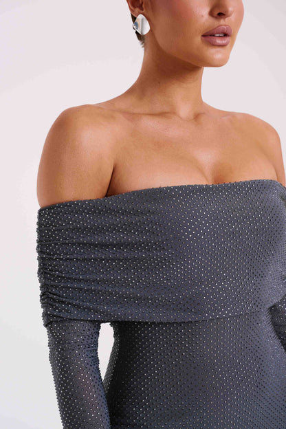 Robe Maxi Marcel à épaules dénudées et strass - Gris anthracite