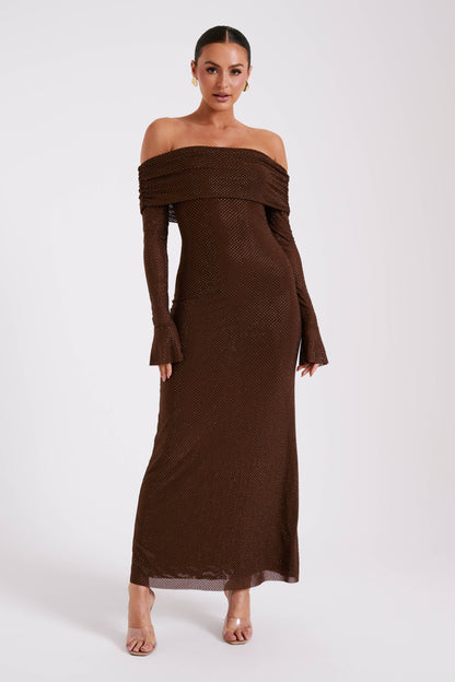 Robe Maxi Marcel à épaules dénudées et strass - Chocolat