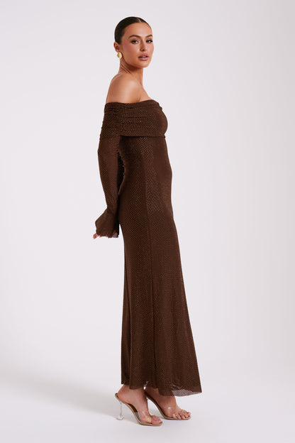 Robe Maxi Marcel à épaules dénudées et strass - Chocolat