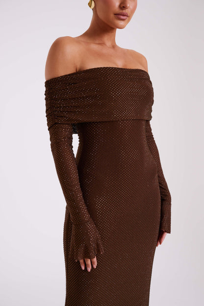 Robe Maxi Marcel à épaules dénudées et strass - Chocolat