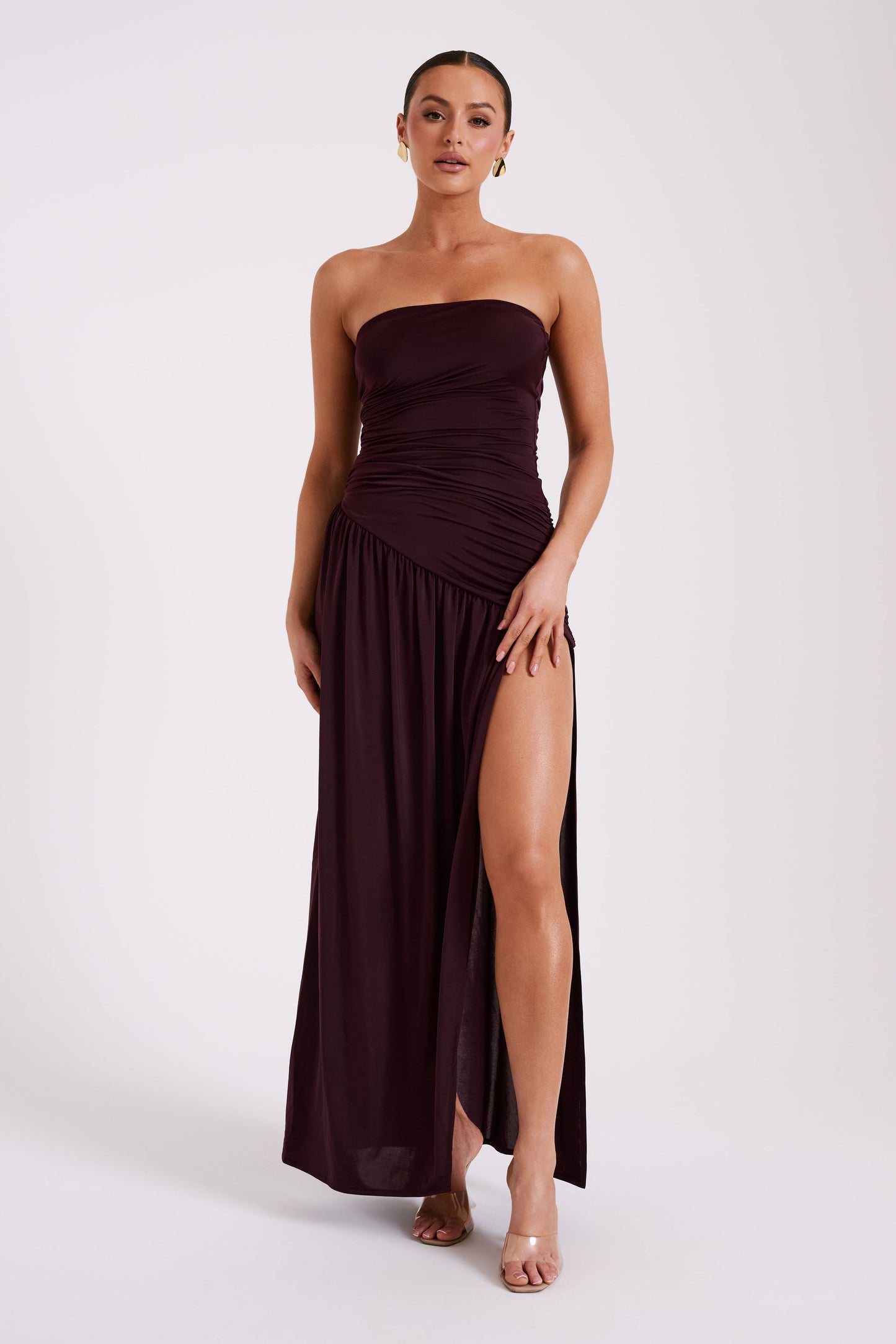 Robe Maxi Slinky Sans Bretelles Bex avec Fente - Bourgogne