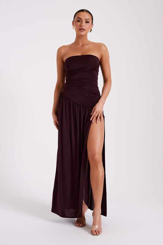 Robe Maxi Slinky Sans Bretelles Bex avec Fente - Bourgogne