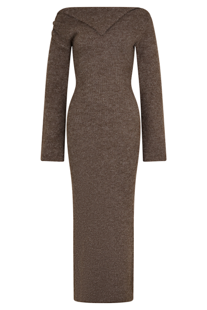 Robe mi-longue en tricot moelleux, à épaule dénudée, couleur magenta - couleur pécan