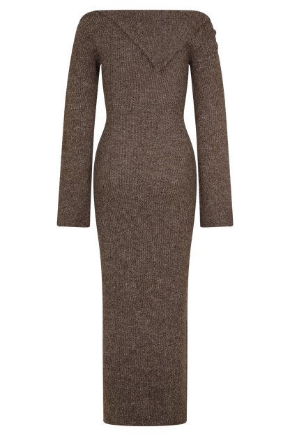 Robe mi-longue en tricot moelleux, à épaule dénudée, couleur magenta - couleur pécan