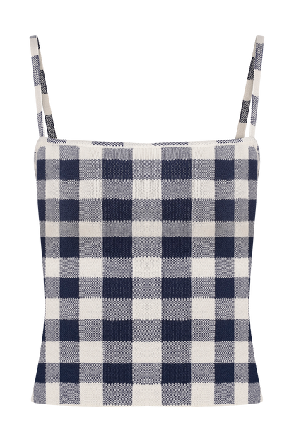 Marcie, haut en tricot sans manches - carreaux bleu marine