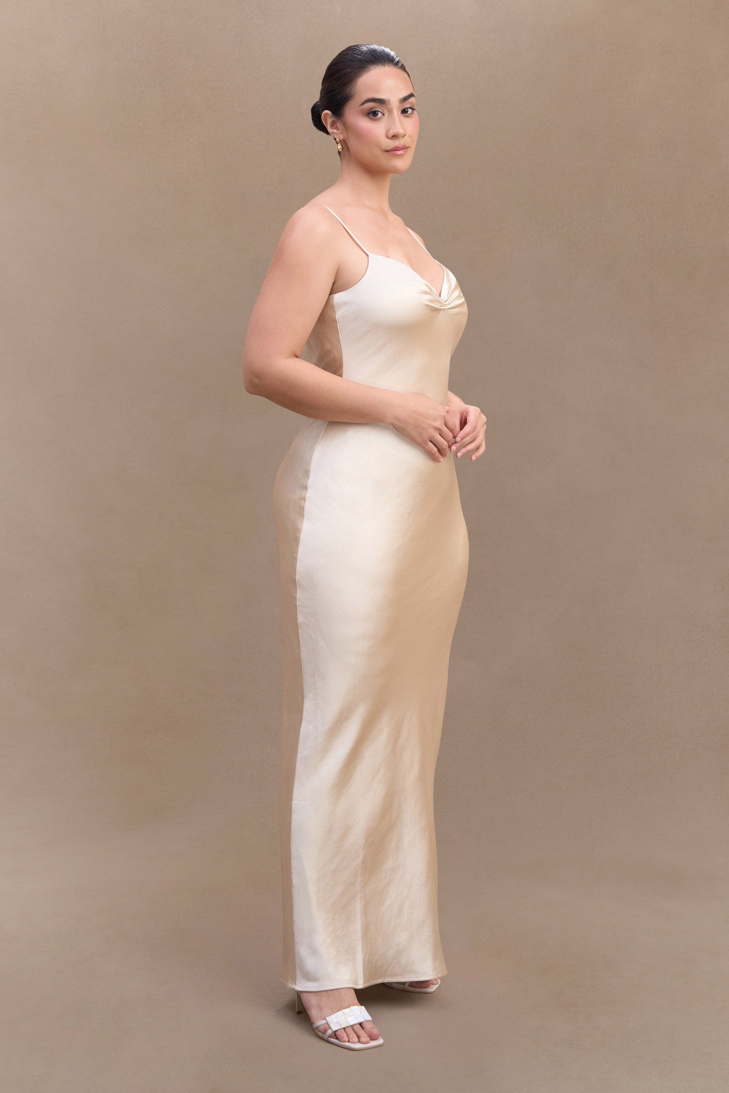 Robe Maxi en Satin à Manches Bouffantes Lilly - Or Poudré