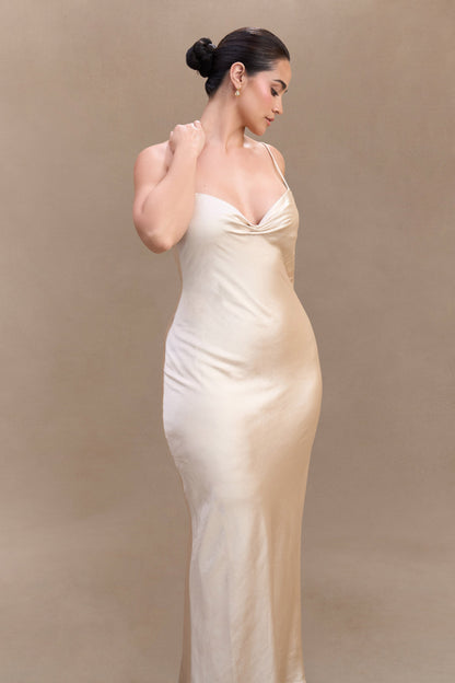 Robe Maxi en Satin à Manches Bouffantes Lilly - Or Poudré