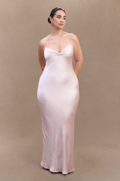 Lilly Robe Maxi Satin à Manches Bouffantes - Rose Poudré