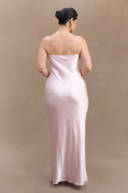Lilly Robe Maxi Satin à Manches Bouffantes - Rose Poudré
